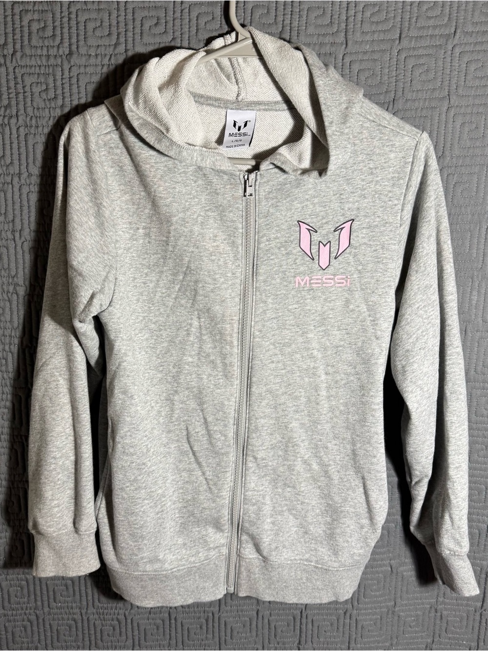Messi Full Zip Sweater Boys Large Grey Gray Hoodie Cotton Blend